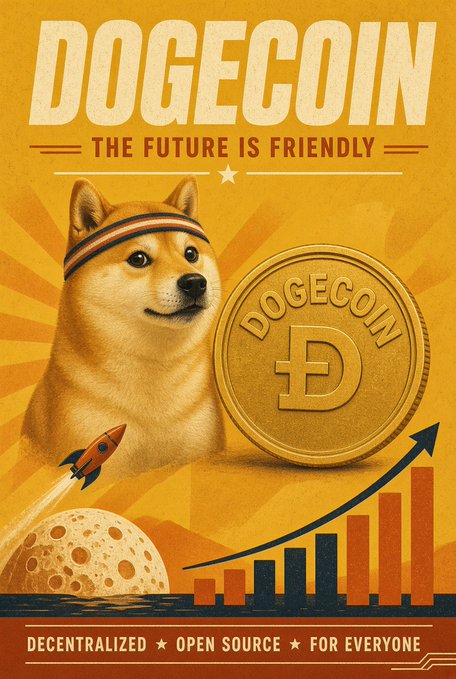 A vintage-style promotional poster for Dogecoin featuring a Shiba Inu wearing a headband, a Dogecoin coin, a rocket, and a rising chart with the text 'DOGECOIN THE FUTURE IS FRIENDLY' and 'DECENTRALIZED * OPEN SOURCE * FOR EVERYONE'.