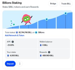 A screenshot of the Billions staking platform interface showing a total staked amount of 82,744,746 BILL, with an APR of -21.03% and a user stake of 4,000 BILL.