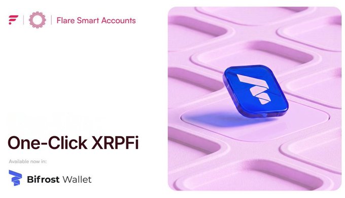 A promotional graphic for 'Flare Smart Accounts' announcing 'One-Click XRPFi' now available in Bifrost Wallet, featuring a blue 3D logo icon on a pink textured background.