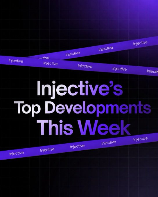 A promotional graphic with purple ribbon banners reading 'Injective' repeated across the image, featuring the text 'Injective's Top Developments This Week' against a dark grid background.