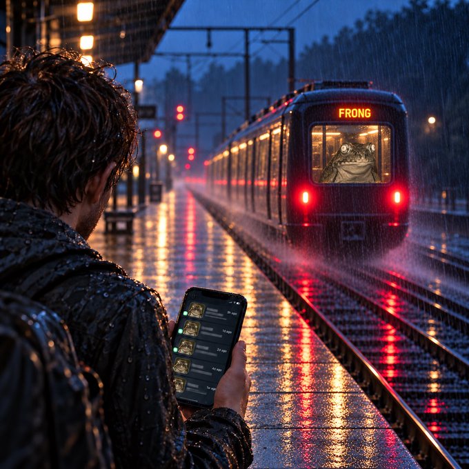 An artistic image shows a person in a raincoat looking at a smartphone displaying a messaging app, while a train with a frog visible through its window and the text 'FRONG' approaches at a wet station.