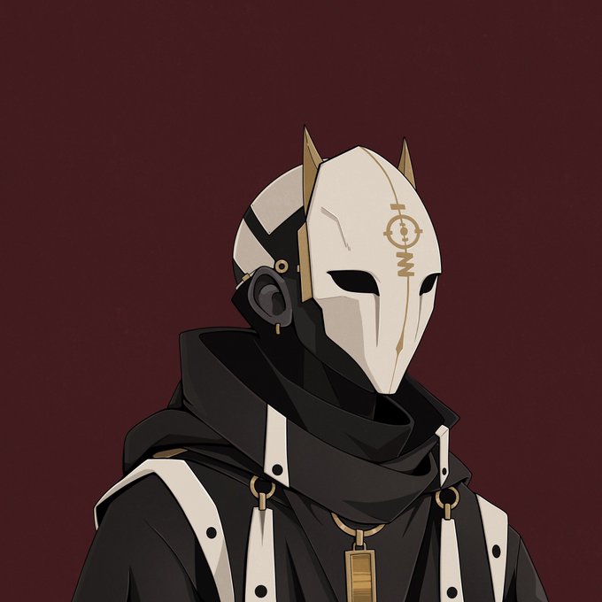 An illustration of a masked character in a white and black hooded outfit with gold accents, featuring a horned helmet with a stylized symbol on the forehead, set against a dark red background.
