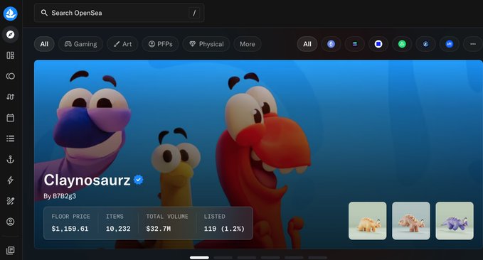 An OpenSea NFT collection page for 'Claynosaurz' by 6TB2g3, featuring cartoon dinosaur characters with a floor price of $1,159.61, 10,232 items, and a total volume of $32.7M.