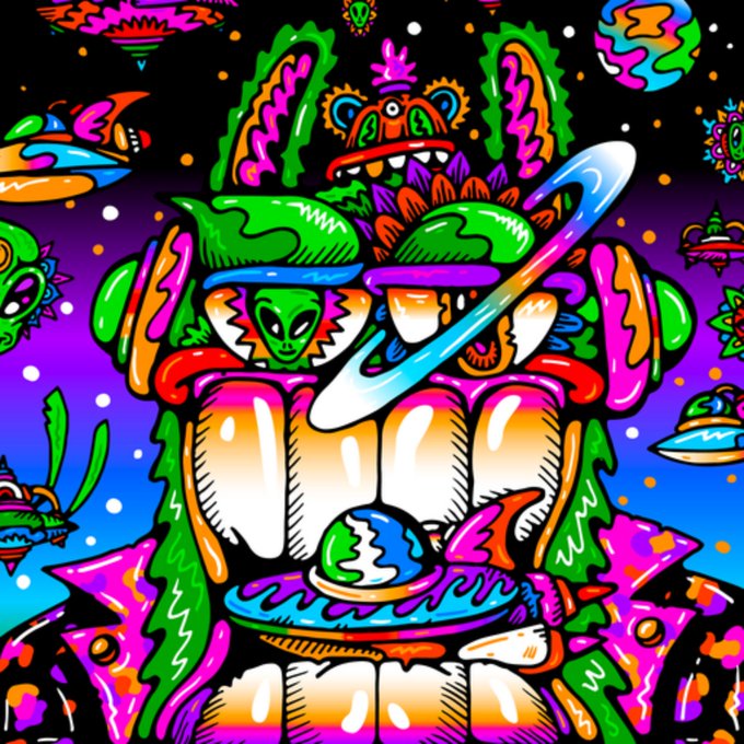 A vibrant, psychedelic illustration featuring a large colorful monster-like creature with teeth, a planetary ring, and other abstract elements in a space setting.