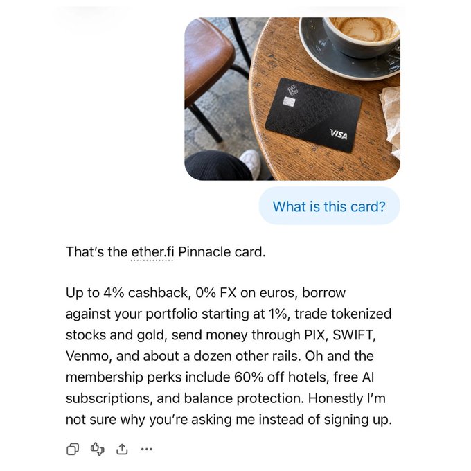 A black ether.fi Pinnacle Visa card rests on a wooden café table next to a cappuccino, accompanying the post's tagline "We rest our case." The image showcases the premium crypto-linked card as visual evidence of ether.fi's real-world product offering.