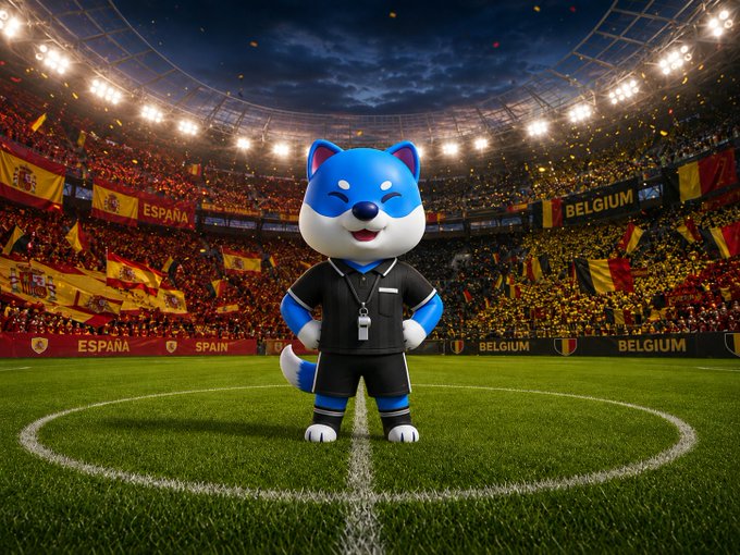 A cute blue-and-white "$VINU Doggo" mascot wearing a referee uniform stands at the center circle of a packed stadium during a Spain vs Belgium match, with stadium banners reading "ESPAÑA," "SPAIN," and "BELGIUM" along with cheering fans and confetti in the background, illustrating the post's playful suggestion of the crypto mascot refereeing the World Cup clash.