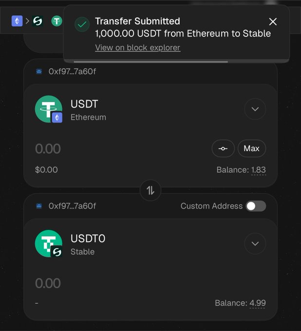 A cryptocurrency wallet interface showing a successful 'Transfer Submitted' notification for 1,000.00 USDT from Ethereum to Stable, with balances of 1.83 USDT and 4.99 USDT0 displayed.