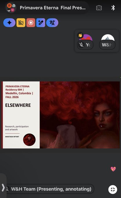 A screenshot of a video presentation titled 'Primavera Eterna Final Pres...' displaying a slide for 'ELSEWHERE' from 'PRIMAVERA ETERNA Residency 004, Medellín, Colombia | FALL 2026', featuring a red-toned portrait by Anastasia Niyart.