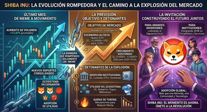 A Spanish-language infographic about Shiba Inu titled 'SHIBA INU: LA EVOLUCIÓN ROMPEDORA Y EL CAMINO A LA EXPLOSIÓN DEL MERCADO', discussing growth predictions and adoption.