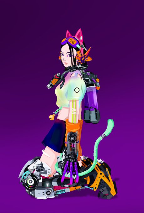 A digital illustration of a futuristic cyberpunk character with cat ears, mechanical limbs, and a purple background.
