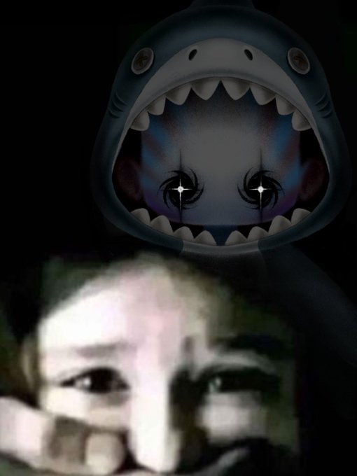 A cartoon shark with glowing star eyes bared in a fierce smile hovers menacingly above a shadowy figure—vividly evoking the "blame your collab manager, not us" warning posted by PYO before their 3-hour-20-minute countdown to the OpenSea collection drop.