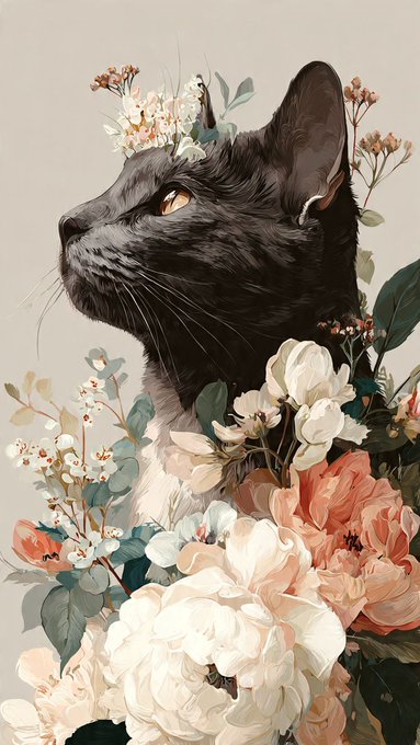 A black and white cat gazes upward, adorned with a crown of white and peach flowers and surrounded by an abundance of lush peonies and greenery in soft, muted tones. The floral arrangement creates an elegant, vintage-inspired portrait against a neutral beige background.