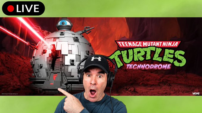 Live stream thumbnail showing a man with an exaggerated shocked expression pointing at the 'TEENAGE MUTANT NINJA TURTLES TECHNODROME' VeVe digital collectible, marked with a 'LIVE' indicator.