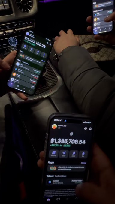 Three smartphones display crypto wallet apps showing significant balances, including $3,353,190.29, $1,335,706.54, and other six-figure amounts in assets like Solana and USDC. The image visually reinforces the post's promotion of crypto airdrops by showcasing large portfolio holdings, likely intended to build credibility and attract followers to the advertised Telegram channel.