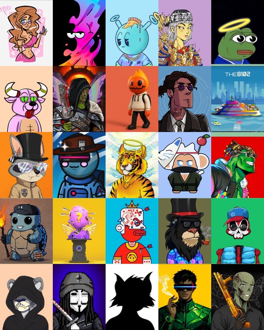 A collage grid of various colorful cartoon NFT-style avatars and characters, including figures like a pink haired character, flame-headed figure, devil, samurai, and various animal-themed avatars.
