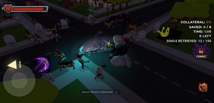 The image shows a screenshot from a mobile zombie survival game called "Grim" built in The Sandbox, where a player character wields a glowing weapon against a horde of zombies in a graveyard setting. The HUD displays "COLLATERAL: 2%", "SAVED: 0/6", "TIME: 1:08", "6 LEFT", and "SOULS RETRIEVED: 12/150", with a "Bone Shard collected ♪" notification at the bottom. The scene visually reinforces the post's theme of being quickly overwhelmed by zombies despite starting with confidence.