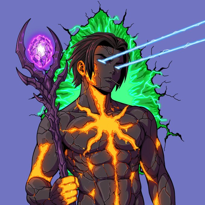 An anime-style illustration of a powerful male figure with glowing orange magma cracks across his body, piercing blue laser eyes, and a green energy aura behind him, holding a dark staff topped with a purple glowing orb.