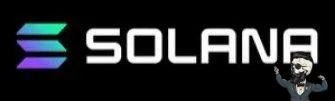 The Solana logo is displayed in white text alongside its signature gradient purple-to-teal symbol on a black background, with a small cartoon character beside it.