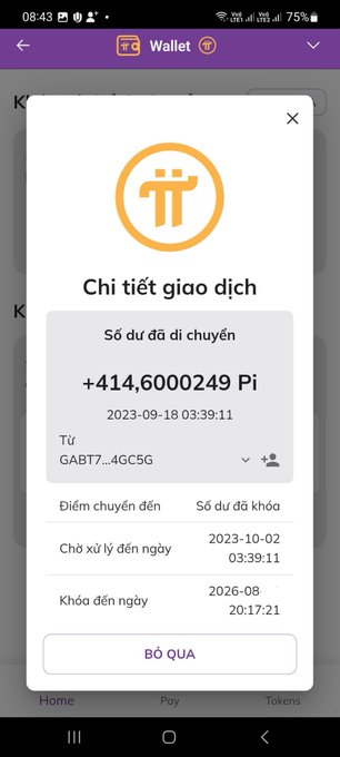 A mobile phone screenshot shows a Pi Wallet transaction details screen in Vietnamese, displaying a transfer of +414.6000249 Pi dated 2023-09-18 with the Pi Network logo.
