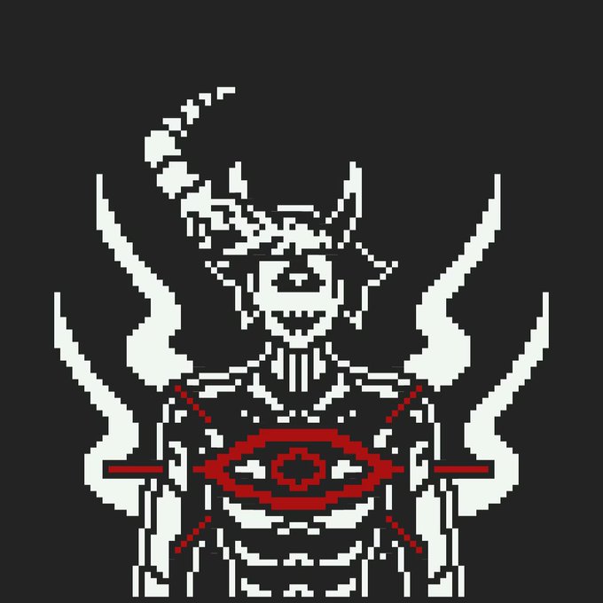 A pixel art illustration of a skeletal, horned figure with white and red coloring against a black background, featuring a sword through its head and an eye motif on its chest.