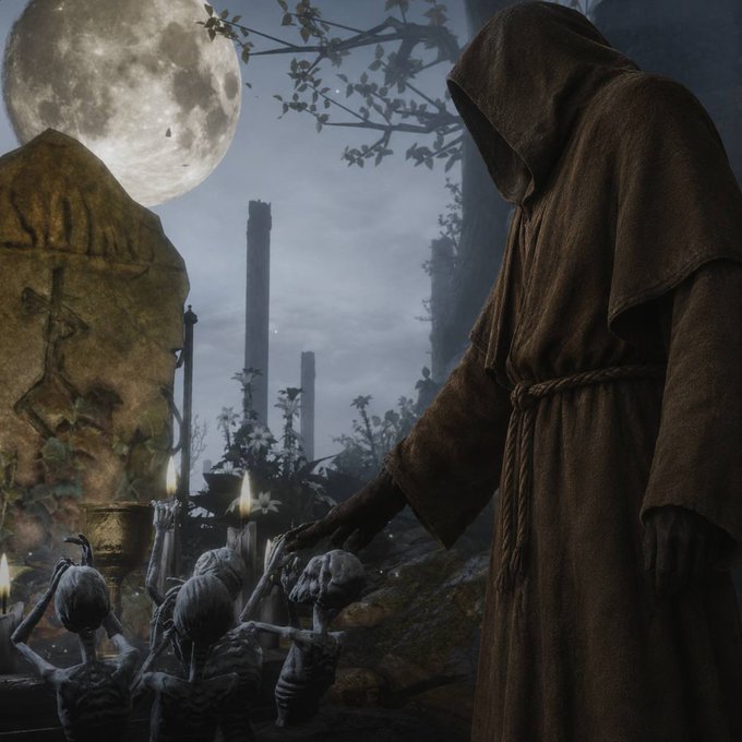A dark, atmospheric fantasy artwork of a hooded monk in brown robes tending to candles and skeletal figures at a gravesite under a full moon.