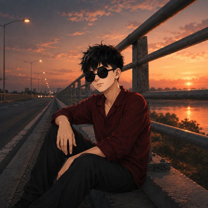 An anime-style illustration of a young man with dark hair and round sunglasses sitting on a bridge at sunset over water.