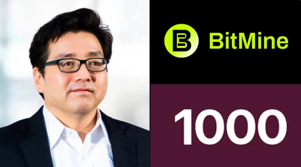 The image features an Asian man wearing glasses, standing next to a purple background with white text that reads "BITMINE 1000". This suggests that Bitmine has reached 1,000 shares or some other significant milestone within the company's stock market performance. The post also mentions Russell Index Funds and passive ETFs, which indicates that there is a connection between traditional finance and cryptocurrency equity in this context.