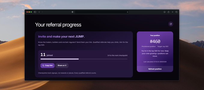 A referral progress dashboard titled 'Your referral progress' for JUMP showing 11 referrals joined, current position #466, with Copy link and Share on X buttons.