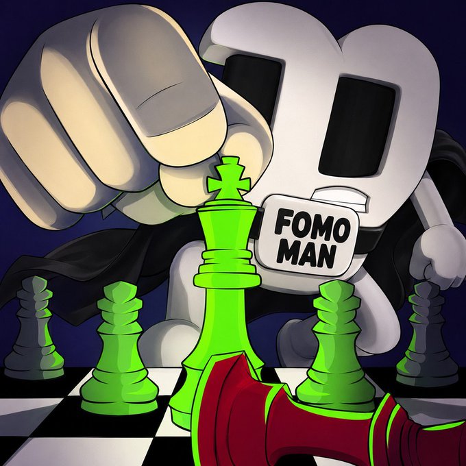 The image shows a cartoon character labeled "FOMO MAN" as a skeletal figure with a black cloak, aggressively moving a large white chess king piece to topple a red king, symbolizing a hostile takeover. The post jokingly relates to this by the author announcing a $10,000 buy of "Fomo Man," inviting others to "front run" him before he buys on top—mimicking the chess imagery of dominating and checkmating the market.