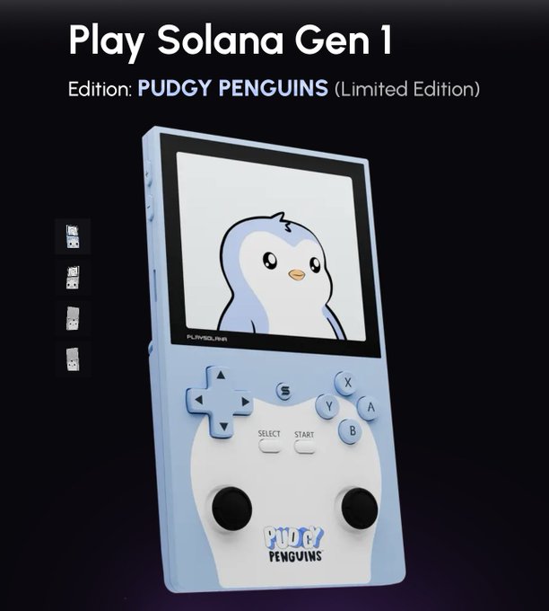 The image showcases the Play Solana Gen 1, a Pudgy Penguins Limited Edition handheld gaming device in light blue, featuring a cute penguin character on the screen and buttons labeled X, Y, A, B, SELECT, START, with the Funjawa logo and PUDGY PENGUINS branding visible at the bottom.