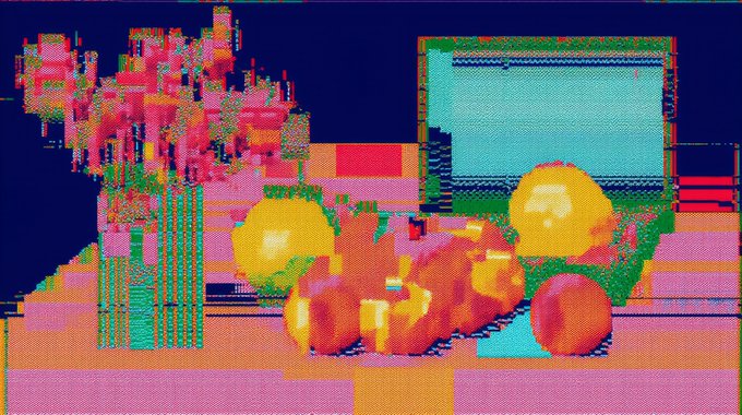 A pixelated, glitch-art style image showing a still life of fruit (oranges and strawberries) on a table next to a vase with flowers.