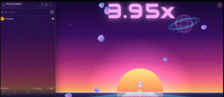 The image shows a screenshot of the crash-style game "Block Rocket" featuring a rocket launching against a sunset background with a 3.95x multiplier displayed prominently, along with a leaderboard showing top player wallet rankings. This visually demonstrates the gameplay described in the post, where players must time their cashouts before the rocket explodes to maximize their multiplier winnings on the CNPY Network platform.