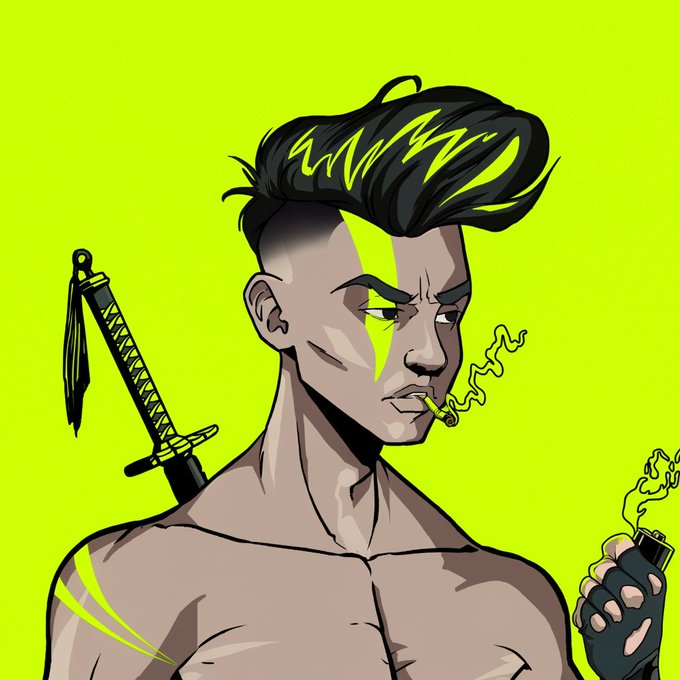 An anime-style illustration of a shirtless male character with spiky black and green hair, smoking a cigarette, holding a lighter, with a katana sword strapped to his back, set against a neon green background.