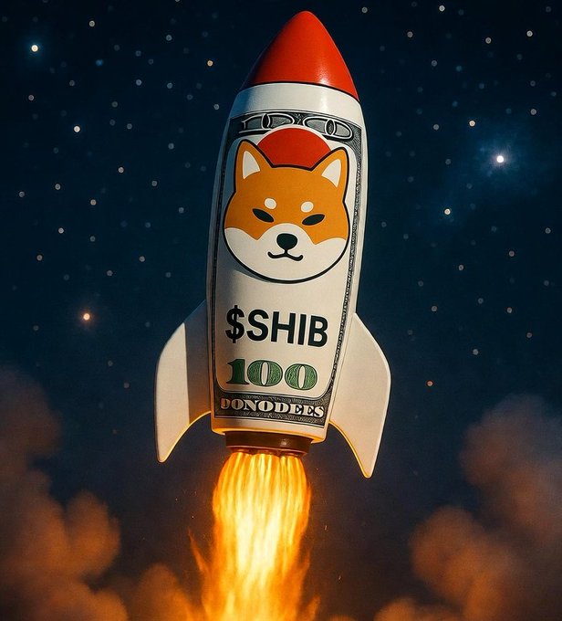 A cartoon Shiba Inu rocket blasts through a starry night sky, emblazoned with "$SHIB" and "100" like a $100 bill, symbolizing the post's bold prediction that the SHIB token will reach a $100B market cap.