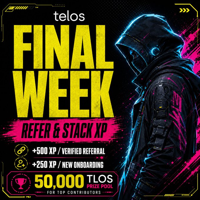 A promotional graphic for 'telos' titled 'FINAL WEEK - REFER & STACK XP' featuring a hooded figure, offering 50,000 TLOS prize pool for top contributors.