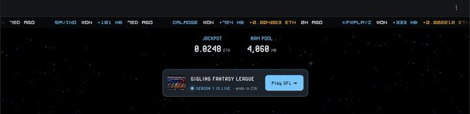 Screenshot of a crypto gambling interface showing jackpot pool (0.0248 ETH) and ADM pool (4,068 AG), with a banner for 'GIGLING FANTASY LEAGUE Season 15 Live ends in 23h' and a 'Play CTL' button, against a ticker displaying trading info for NEO, DASH, ETH, and KAS.