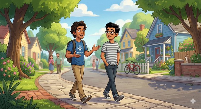 The image features two boys walking down a street, with one of them holding a backpack. The background includes houses and trees, creating an outdoor setting. There are also other people visible in the scene, suggesting that this might be a neighborhood or a public area. The caption for the image reads "Good night x fam! Relax and close your eyes. @sleepagotchi and @useTria". This message seems to be related to the post about sleep, as it encourages relaxation and rest by using the characters' presence in the scene.
