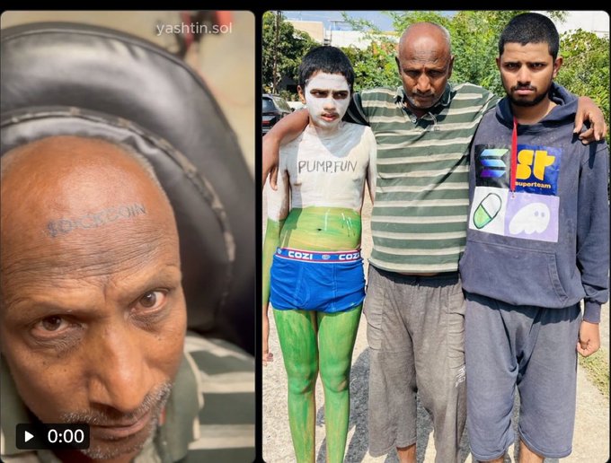 A man with a "PUMPFUN" tattoo on his forehead poses alongside a younger family member painted head-to-toe in the memecoin's green and blue branding, illustrating the post's point about an unemployed father taking extreme measures—potentially involving family members—to earn money from a memecoin bounty.