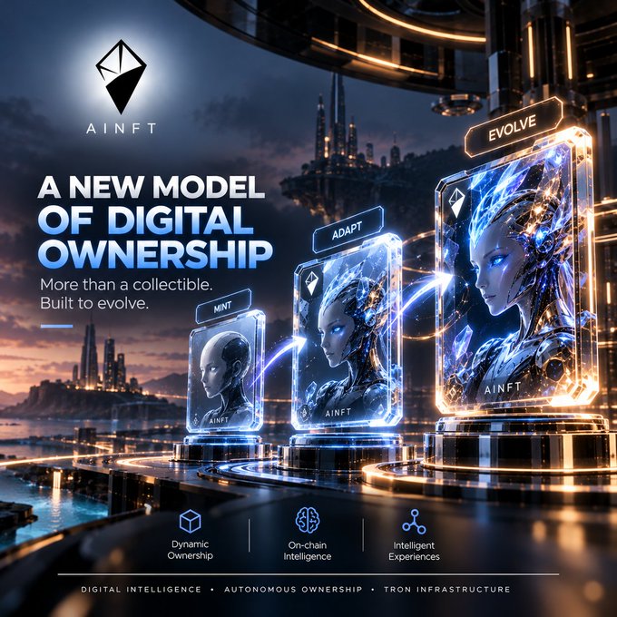 Another 'AINFT' promotional image titled 'A NEW MODEL OF DIGITAL OWNERSHIP', showing NFTs progressing from 'MINT' to 'ADAPT' to 'EVOLVE' featuring a digital humanoid character.