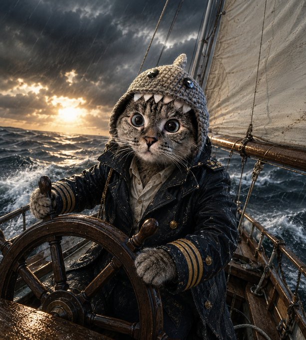 A tabby cat dressed as a ship captain in a knit hat and dark raincoat grips the wooden wheel of a sailboat during a stormy sea voyage.