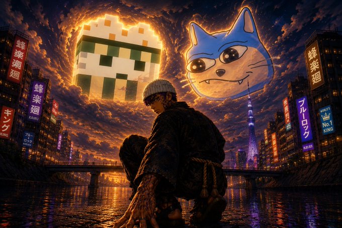 A surreal digital artwork depicting a person in a beanie crouching by a river in a neon-lit Tokyo cityscape, with pixelated Minecraft and cartoon cat heads looming in the sky above Japanese signs reading 'KAIJU' and 'KING'.