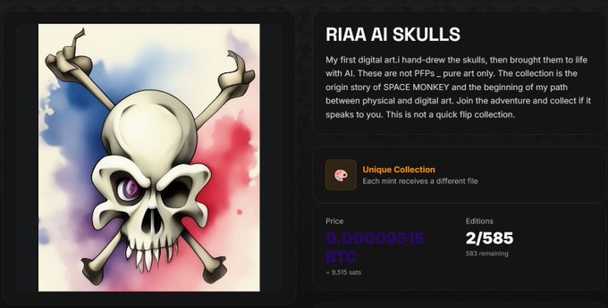 A digital art listing for 'RIAA AI SKULLS' featuring a skull and crossbones illustration, priced at 0.00009515 BTC (~$9.515 sats), with 2/585 editions remaining and noting this is the origin story of SPACE MONKEY.