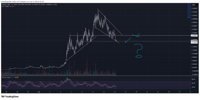 A TradingView candlestick chart titled "PEPEDOGE/USD" showing a falling wedge pattern with hand-drawn blue trendlines, checkmarks, and a question mark, dated Sep 15, 2025.