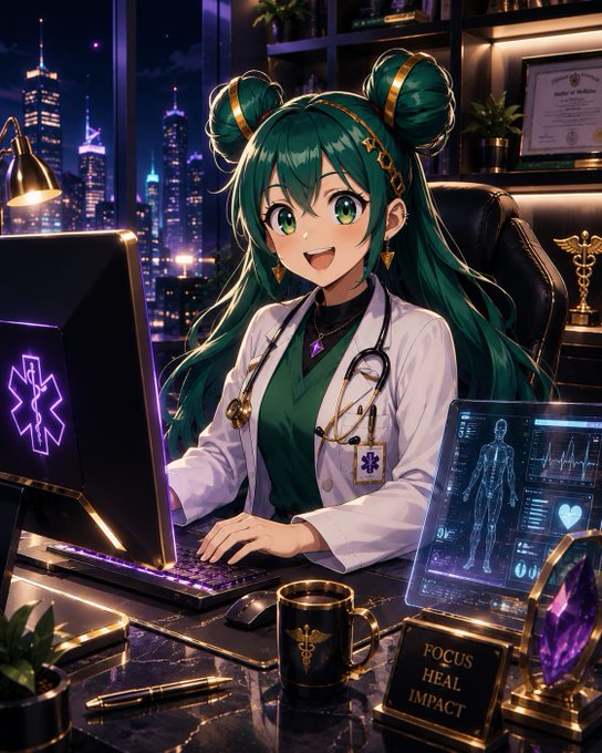 An anime-style illustration of a green-haired female doctor with twin buns, wearing a white coat and stethoscope, working at a computer in a futuristic office with medical displays and a cityscape view.