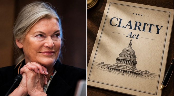 Senator Cynthia Lummis, shown alongside a document labeled "CLARITY Act" featuring the U.S. Capitol, in relation to her announcement that the Senate is moving toward a vote on the legislation next week.