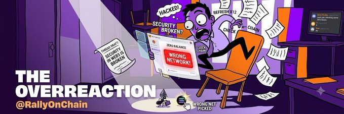 A cartoon illustration titled 'THE OVERREACTION @RallyOnChain' showing a panicked character holding a computer screen displaying 'WRONG NETWORK!', with messages like 'HACKED!' and 'CHAIN REFRESHED 2' around him.