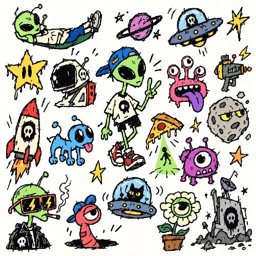 A collection of colorful, cartoon-style stickers features various space and alien-themed illustrations, including UFOs, green aliens, rockets, planets, and stars.