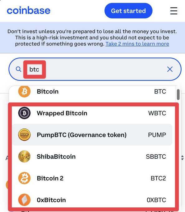 A Coinbase search interface with 'btc' entered, displaying results for Bitcoin (BTC) and highlighting multiple wrapped/derivative versions like Wrapped Bitcoin (WBTC), PumpBTC (PUMP), ShibaBitcoin (SBBTC), Bitcoin 2 (BTC2), and 0xBitcoin (0XBTC).