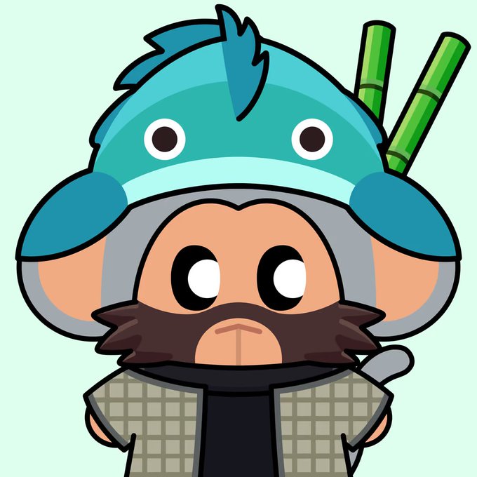 A cartoon illustration of a character wearing a teal frog-like hat with bamboo stalks, featuring a monkey-like face with a beard, dressed in a checkered gray jacket.