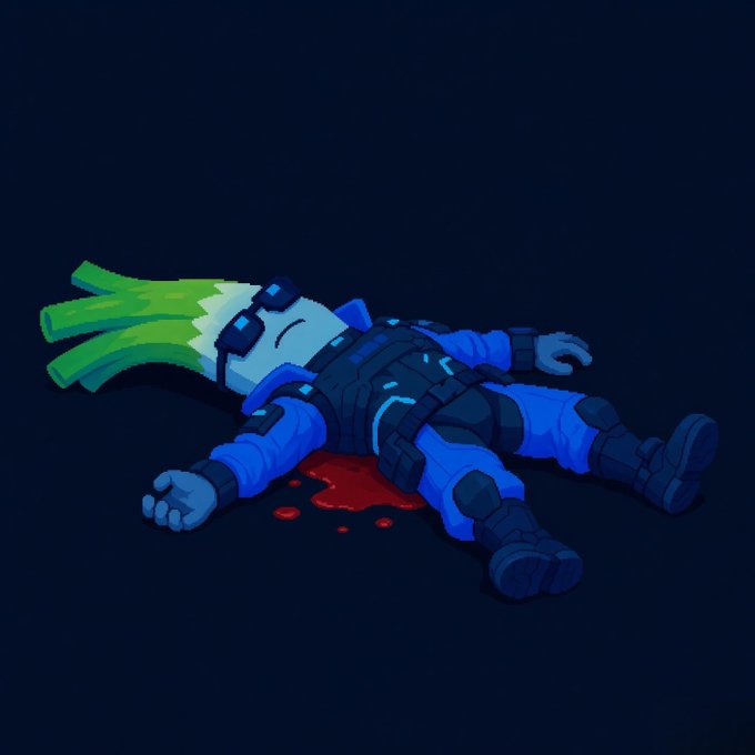 A pixel art illustration of a fallen character in blue tactical gear with green hair, lying in a pool of blood against a dark background.